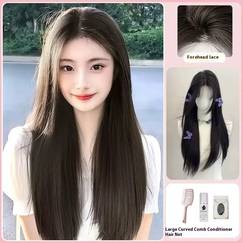 Breathable Mid-length Black Long Straight Forehead Lace Wig - Add Three Pieces Of Care