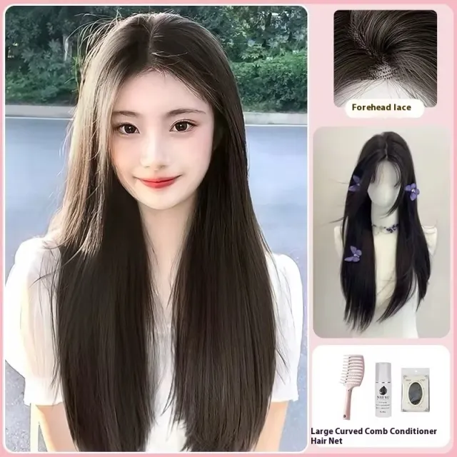 Breathable Mid length Black Long Straight Forehead Lace Wig Add Three Pieces Of Care - Shop at LoveMi