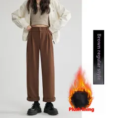 Autumn And Winter Thick Suit Woolen High Waist Slimming Drooping Straight Loose Casual Pants - Coffee, Fleece Lining - View 1