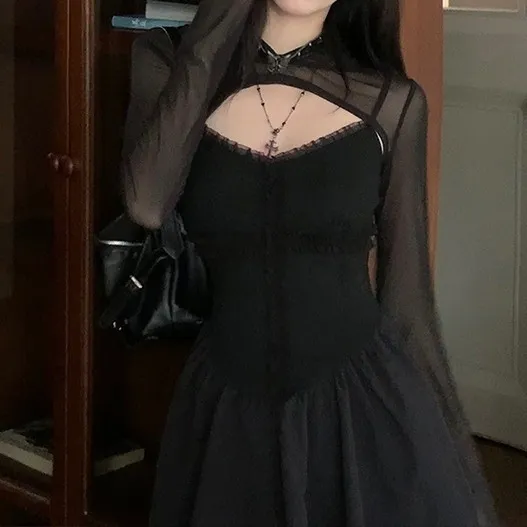 Black Cross Sling Waist Slimming Shirt Dress Blouse - Shop at LoveMi