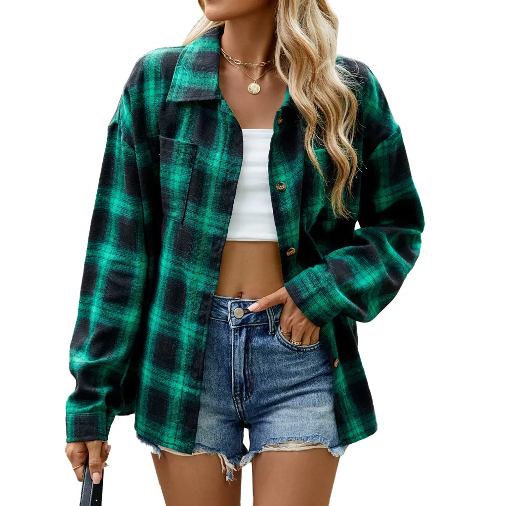 Lapel Plaid Contrast Color Striped Long Sleeve Shirt Coat - Green