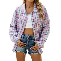 Lapel Plaid Contrast Colour Striped Long Sleeve Shirt Coat - Purple - View 1