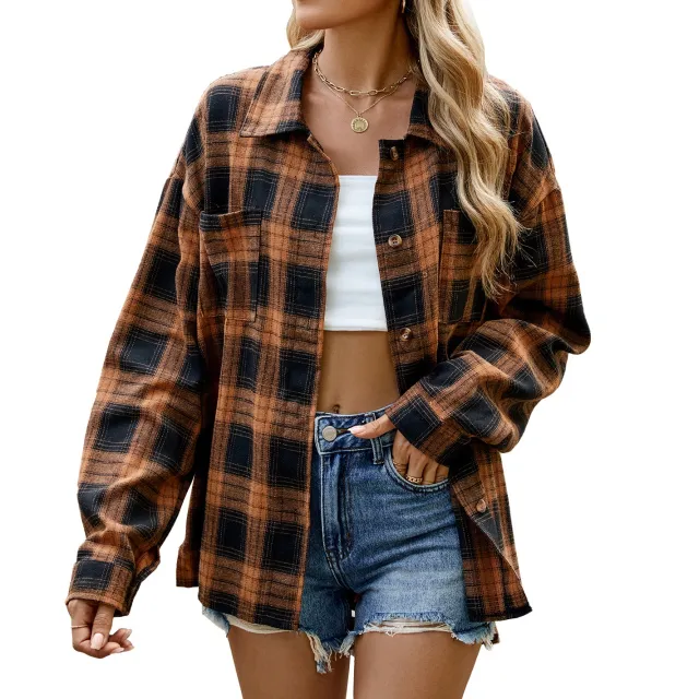 Lapel Plaid Contrast Color Striped Long Sleeve Shirt Coat Coffee - Shop at LoveMi