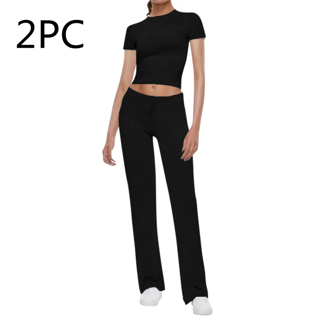 American Basic Casual Solid Color T-shirt Casual Pants Suit - Black 2Pc
