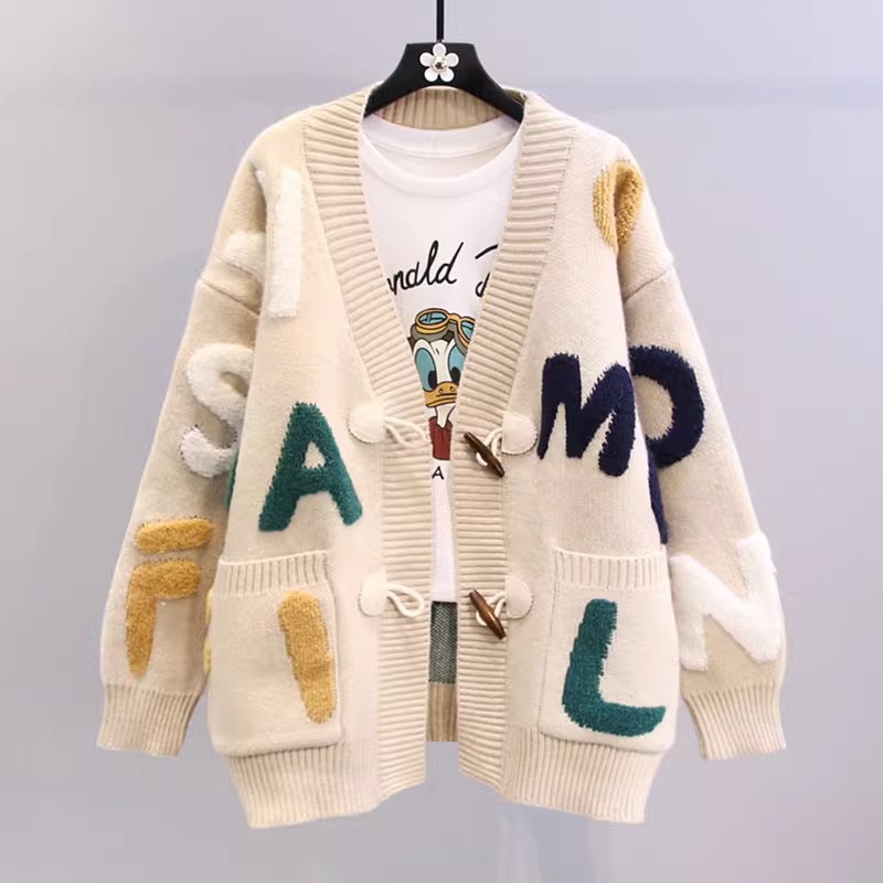 Title 3, Horn Button Letter Sweater Coat For Women