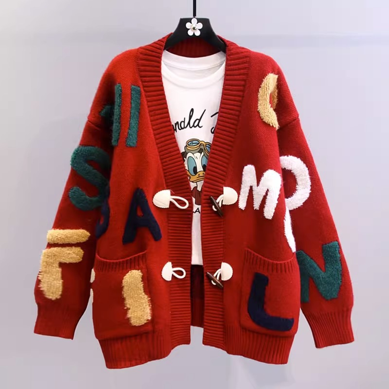 Title 1, Horn Button Letter Sweater Coat For Women