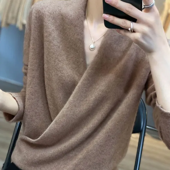 Pure Wool V neck Women's Sweater Dark Camel - Shop at LoveMi