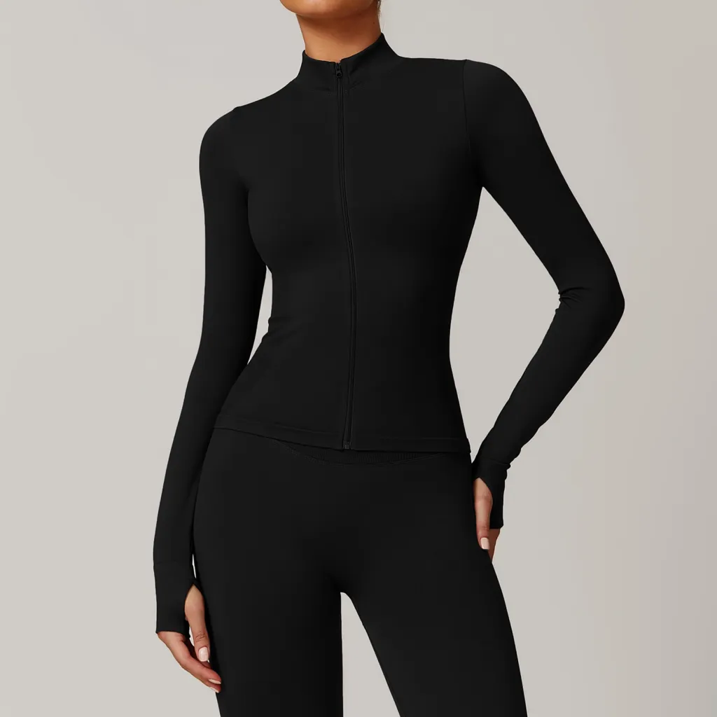 Stand Collar Zipper Yoga Clothes Warm Top Sports Running Jacket - Advanced Black