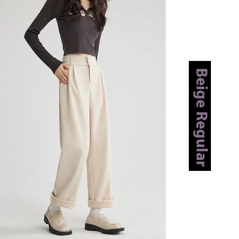 Autumn And Winter Thick Suit Woolen High Waist Slimming Drooping Straight Loose Casual Pants - Beige Spring And Autumn