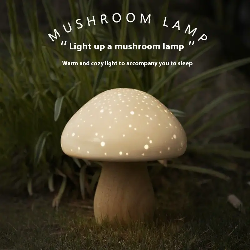 Solid Wood Mushroom Small Night Lamp Simple Atmosphere Bedside Decoration