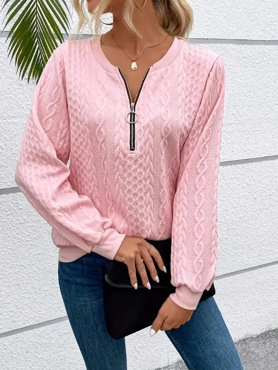 Women's Sports Pullover Zipper Sweater Loose V neck Long Sleeve Pink - Shop at LoveMi