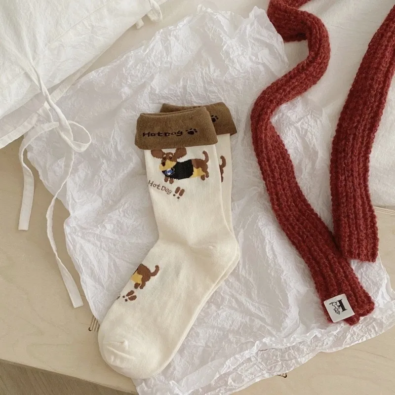Autumn And Winter Puppy Embroidery Tube Socks Flanging Cartoon Sausage Dog Vertical Bar Bunching Socks - Flanging Mouth-Free Size