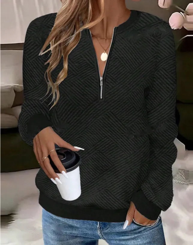 Women's Zipper Style Door-Tube Metal Long Sleeve Loose Sweatshirt - Black