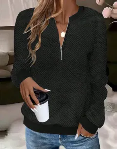 Women's Zipper Style Door-Tube Metal Long Sleeve Loose Sweatshirt - Black - View 1