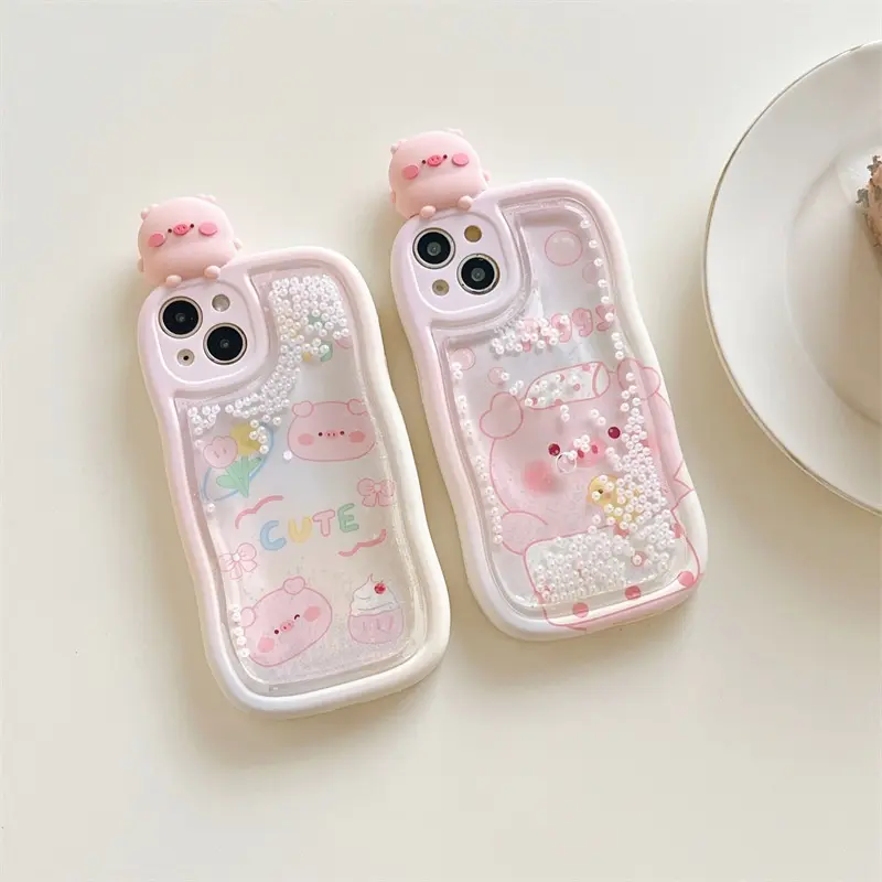 Girl's Cute Piglet Bath Quicksand Mobile Phone Case