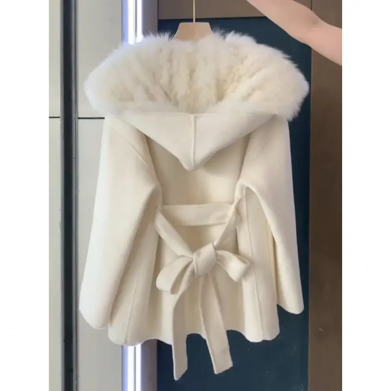 Stitching Fur Woolen Coat Women's Fur Coat - White