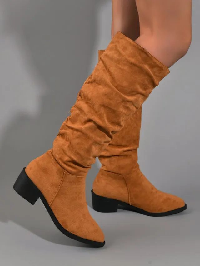 New Fashion Pointed Thick Heel Sleeve Suede High Leg Boot Brown - Shop at LoveMi