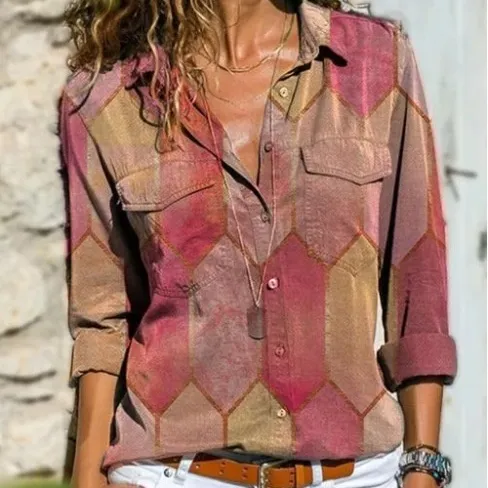 European And American Autumn And Winter New Printed Casual Polo Collar Long Sleeve Pocket Shirt Red - Shop at LoveMi