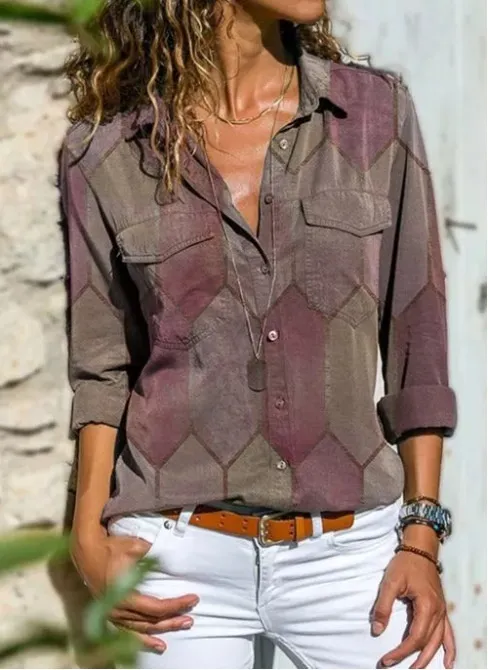 European And American Autumn And Winter New Printed Casual Polo Collar Long Sleeve Pocket Shirt Gray - Shop at LoveMi