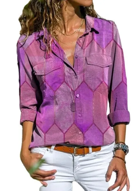 European And American Autumn And Winter New Printed Casual Polo Collar Long Sleeve Pocket Shirt Purple - Shop at LoveMi