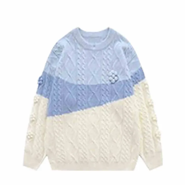 Autumn Winter Japanese Retro Lazy Style Wear Contrast Color Twist Knitted Sweater Blue Sweater - Shop at LoveMi