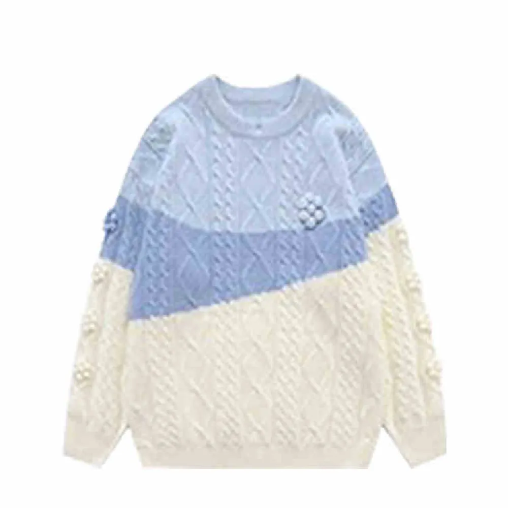 Autumn Winter Japanese Retro Lazy Style Wear Contrast Color Twist Knitted Sweater - Blue Sweater