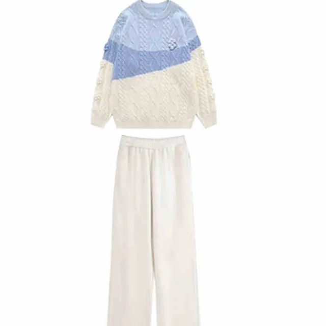 Autumn Winter Japanese Retro Lazy Style Wear Contrast Color Twist Knitted Sweater Top Pants Suit - Shop at LoveMi