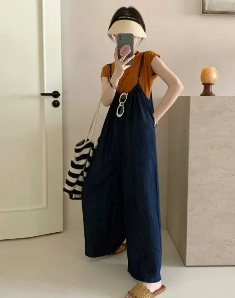Denim Overalls Suit Loose Large Size Suspenders Jumpsuit Short Sleeve Two Piece Suit Blue - Shop at LoveMi