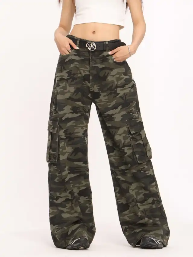 Retro Camouflage Cargo Drooping Straight Wide leg Pants Green - Shop at LoveMi