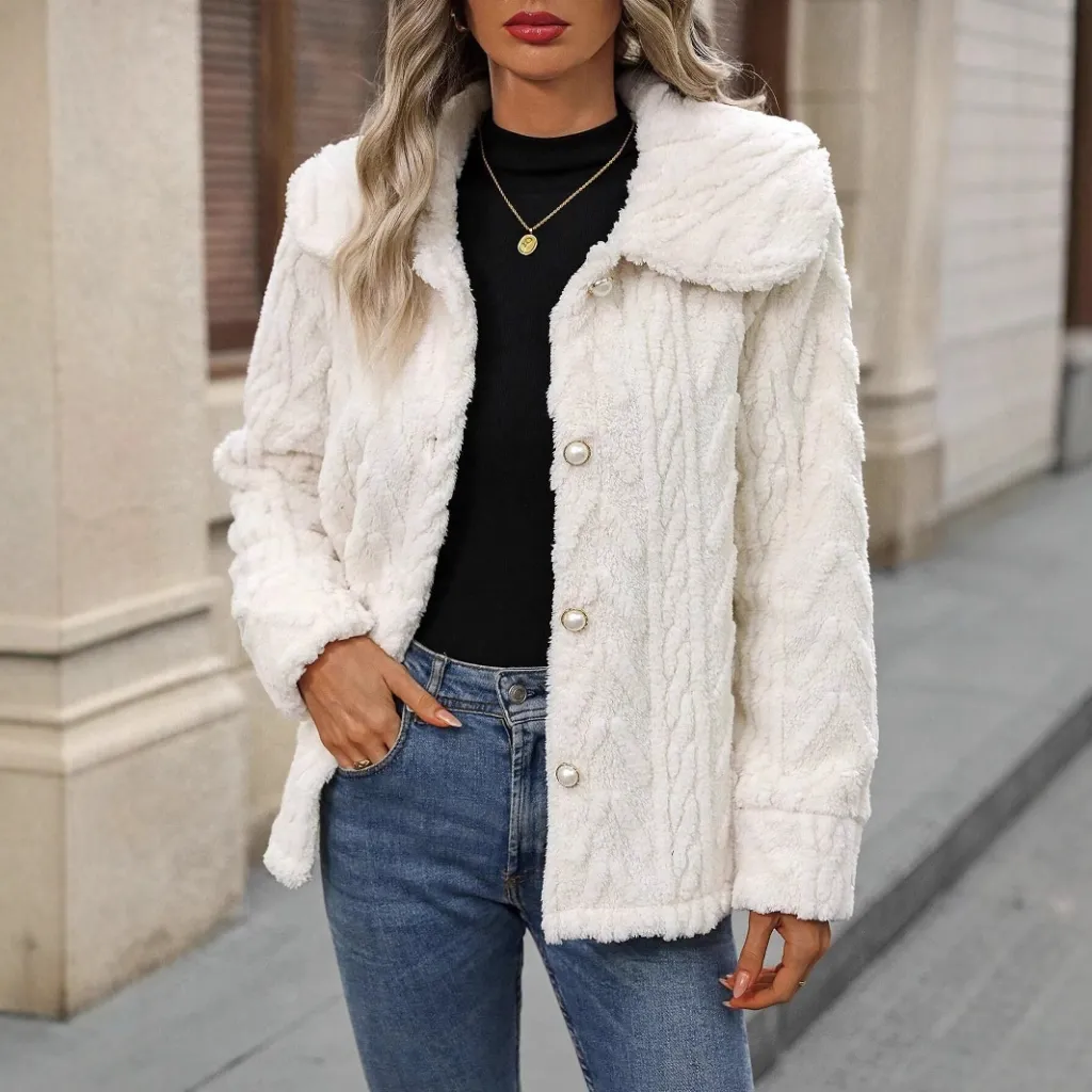 Double-sided Plush Large Lapel Casual Cardigan Coat Women - White