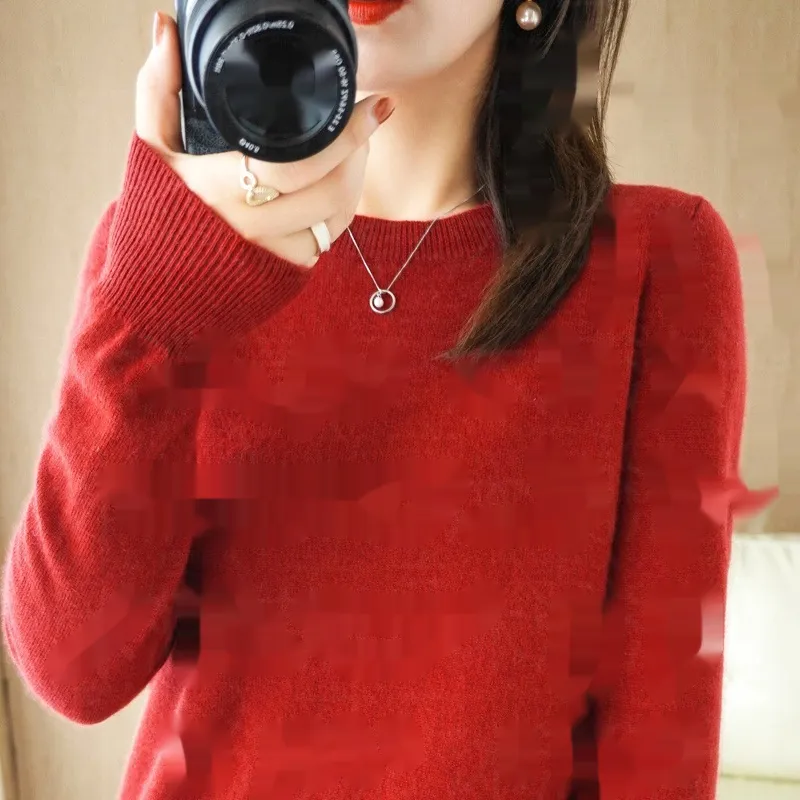 Round Neck Sweater Women's Pullover Sweater - Cherry Red