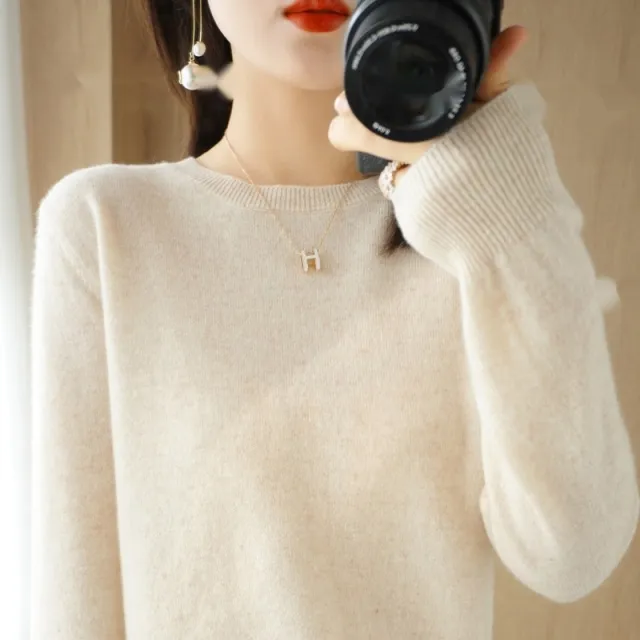 Round Neck Sweater Women's Pullover Sweater Beige - Shop at LoveMi