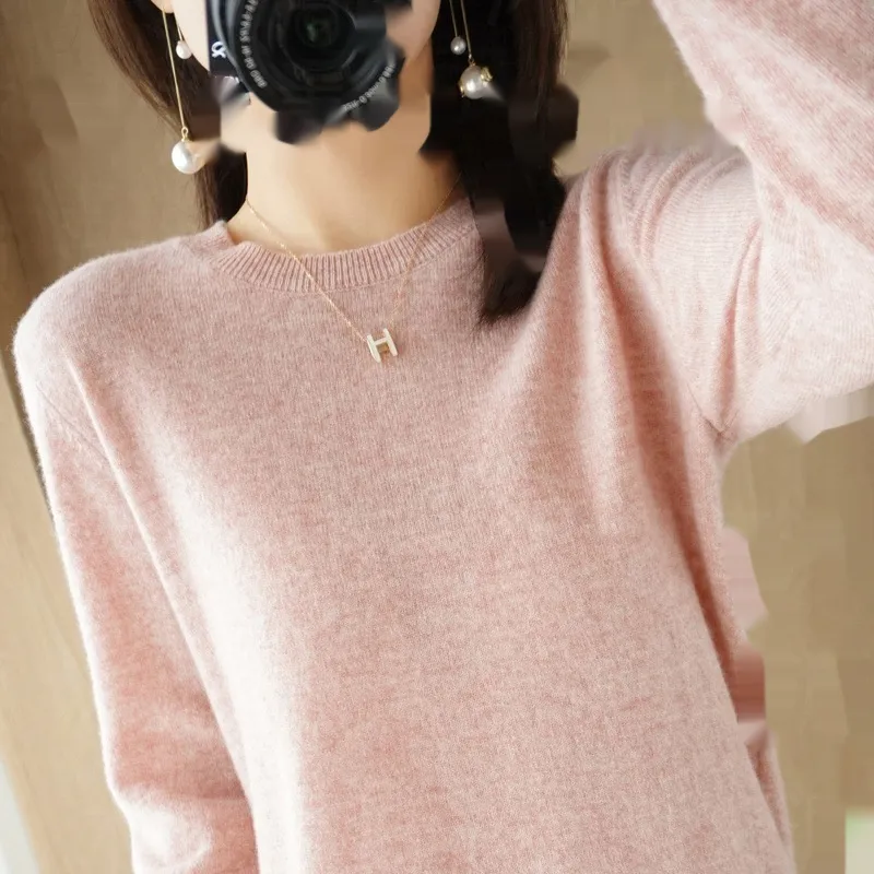 Round Neck Sweater Women's Pullover Sweater - Cherry Blossom Powder-S