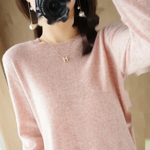 Round Neck Sweater Women's Pullover Sweater Cherry Blossom Powder S - Shop at LoveMi