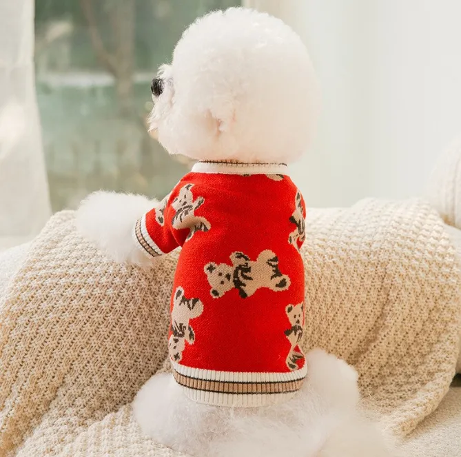 Dog Cat Sweater Preppy Style V-neck Striped Vest Pet Puppy Winter Warm Clothes Apparel For Dogs Cats - Red