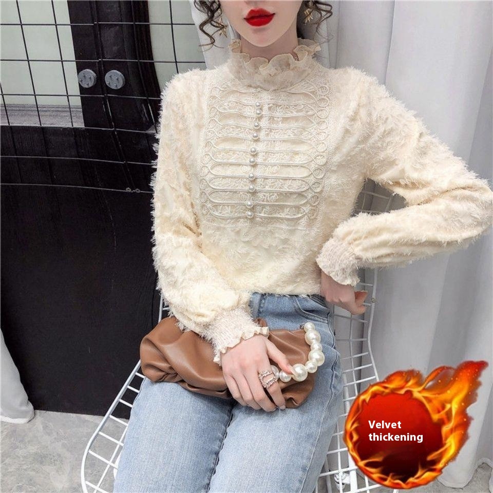 Fleece-lined Thickened Half-high Collar Lace Bottoming Shirt