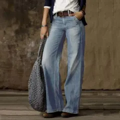 European And American Leisure Straight Wide-leg Pants Women's Clothes Hot-selling Jeans - Light Blue - View 1