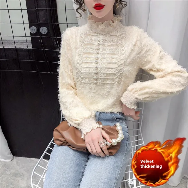 Fleece lined Thickened Half high Collar Lace Bottoming Shirt Beige - Shop at LoveMi