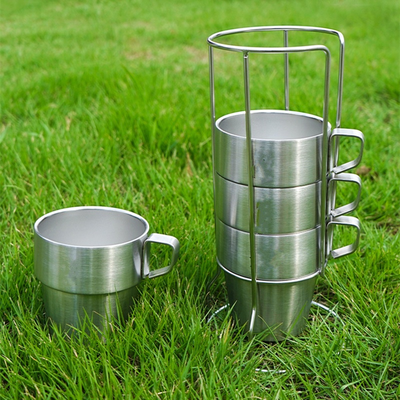Stainless Steel Double-layer Cup 6-piece Camping Portable Set