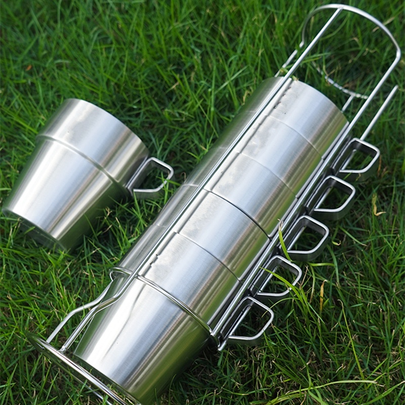 Stainless Steel Double-layer Cup 6-piece Camping Portable Set