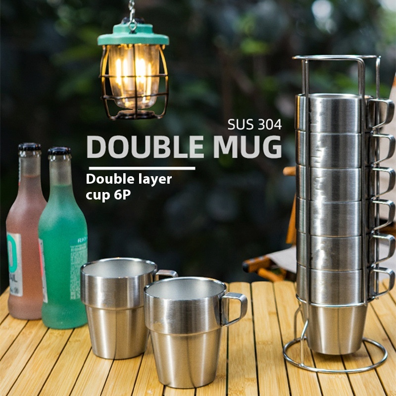 Stainless Steel Double-layer Cup 6-piece Camping Portable Set