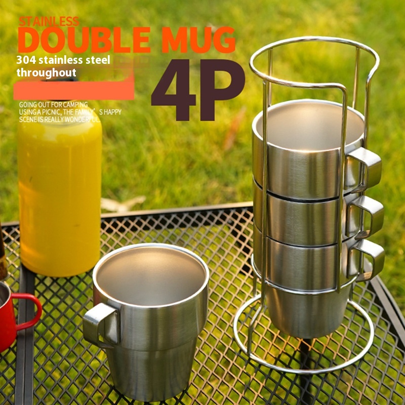Stainless Steel Double-layer Cup 6-piece Camping Portable Set