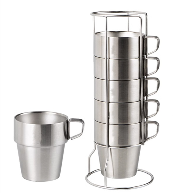 Stainless Steel Double-layer Cup 6-piece Camping Portable Set