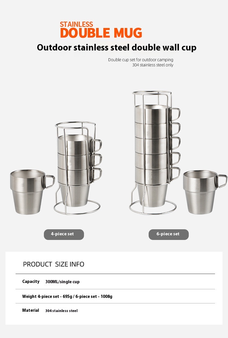 Stainless Steel Double-layer Cup 6-piece Camping Portable Set