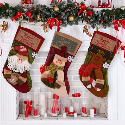 Christmas Stocking Socks Snowman Santa Elk Xmas Fireplace Tree
