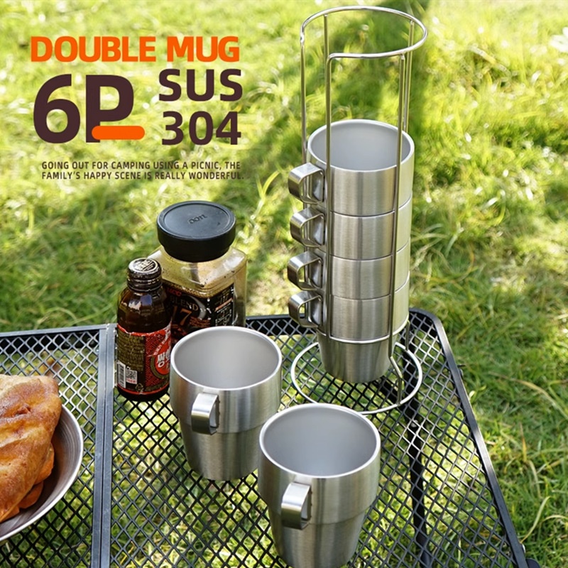 Stainless Steel Double-layer Cup 6-piece Camping Portable Set