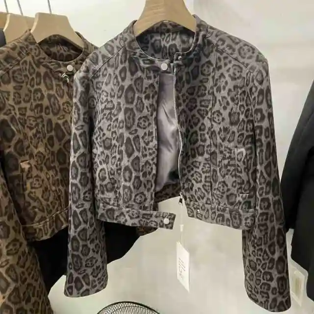 Slimming Long Sleeve Style Short Leopard Print Coat Gray - Shop at LoveMi