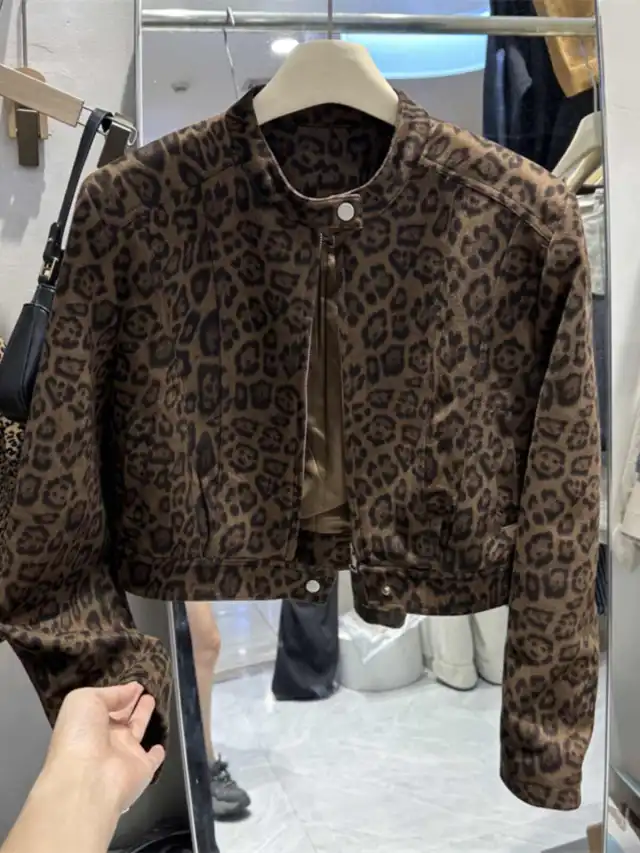 Slimming Long Sleeve Style Short Leopard Print Coat Coffee Color - Shop at LoveMi
