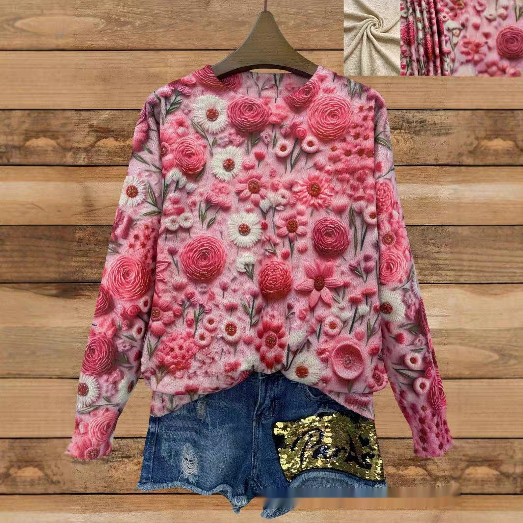 Title 3, Autumn Thin Printed Round Neck Long Sleeve Knit...