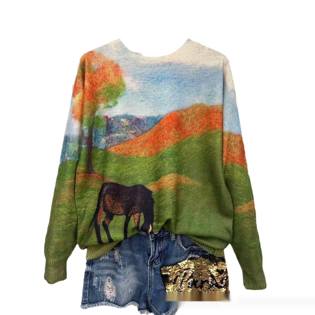 Title 5, Autumn Thin Printed Round Neck Long Sleeve Knit...